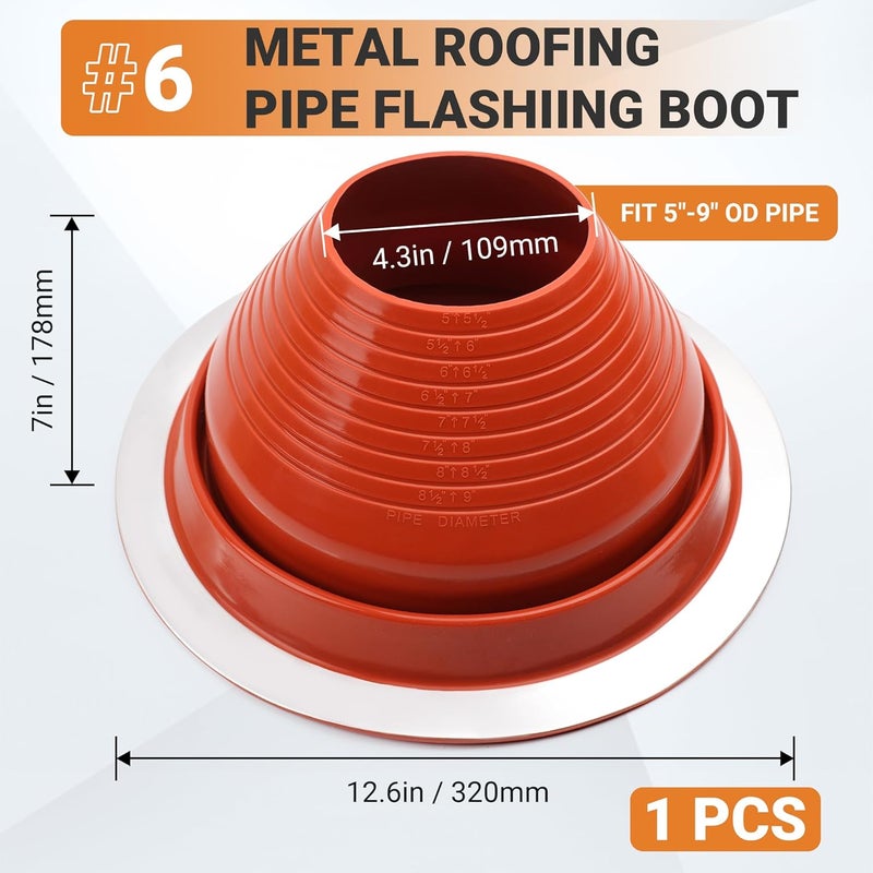 Aothotop #6 High Temp Silicone Metal Roof Pipe Flashing Boot - Roof Vent Boot for Pipe OD 5" to 9" - Roof Vent Cover for Stove Pipe, Chimney, HVAC Ducts & Plumbing Vents with Roofing Screws & Hex Socket - Image 2